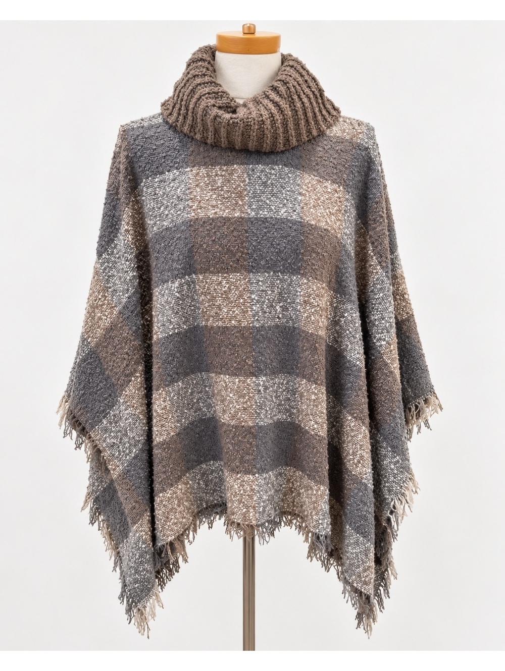 Women’s Plaid Cowl Neck Poncho Cape brown Fringe Boho One Size